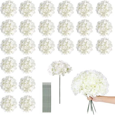 24 hortensias artificiels blancs, très réalistes, avec des tiges flexibles, adaptés pour les bouquets, les décorations de mariage, les fêtes, au bureau et comme décoration de table à la maison