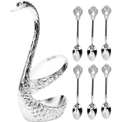 Ensemble de 6 cuillères à café et cuillères à dessert en métal argenté avec support en forme de cygne, idéal pour la cuisine, le bar ou la table lors de fêtes. (1/5)