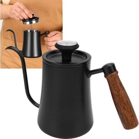 Bouilloire avec thermomètre 500 ml en acier inoxydable 304, à col de cygne, pour infusion lente, idéale pour la cuisine. Couleur : noir. (1/5)
