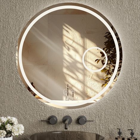 AquaWise Miroir lumineux de salle de bain Rond Ø80 cm avec Loupe 3X, Anti-buée, Verre Trempé 5 mm,3 Températures de Couleur,Mémoire,Miroir Salle de Bain (1/5)