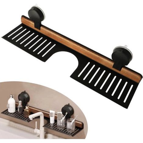 Étagère de salle de bain à ventouses, à placer au-dessus du robinet, étagère de douche de 50 cm, installation sans perçage, charge maximale de 2,3 kg, compatible avec carrelage, verre et miroirs. Noir (1/2)