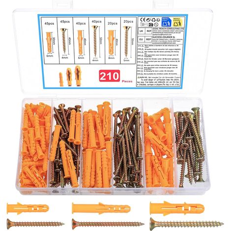 210 Pcs Vis et Chevilles Beton,Vis Placo Autotaraudeuses Parpaing Creux  M6 M8 Chevilles Universelles, M4 M5 Pcsvis À Autoperceuses, Chevilles Expansion Nylon Plastique Avec Vis À Bois (1/5)