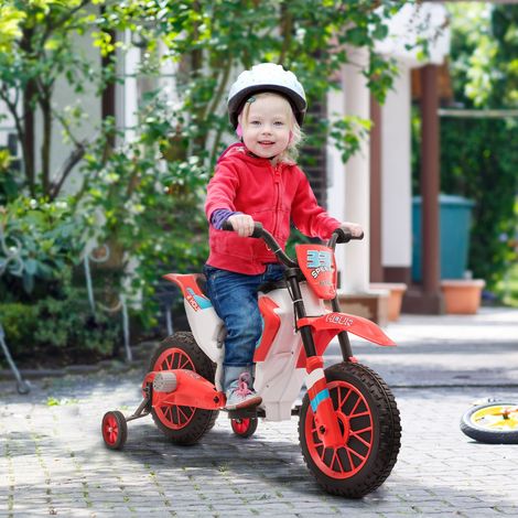 Moto de motocross eléctrica para niños de 3 a 5 años, 12 V, 3-8 km/h, con ruedines de apoyo extraíbles, dimensiones 106,5 cm (largo) x 51,5 cm (ancho) x 68 cm (alto), color rojo.
