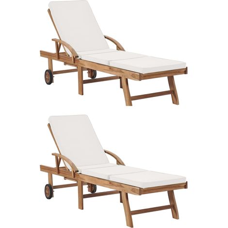 Set di 2 sdraio sdraio prendisole lettino da giardino terrazza mobili da esterno con cuscini legno massello di teak crema 020012154