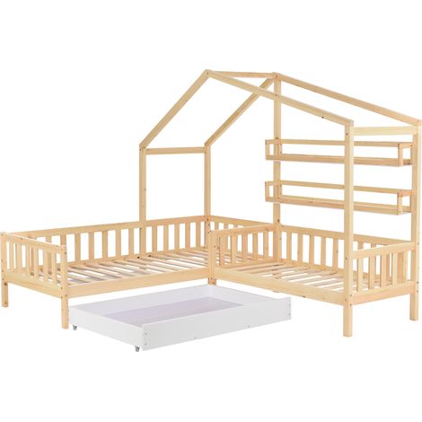 Lit cabane pour enfant avec tiroirs et étagères, en bois massif avec barrière et sommier à lattes, structure en L, naturel (90x200 cm+140x70cm) (1/5)