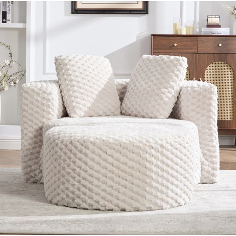 Fauteuil individuel avec pouf, style baril, tissu effet fourrure beige, sans montage DESVIAE (1/5)