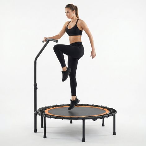 Fitness Trampolin 100 cm klappbar mit Haltestange, Minitrampolin Schwarz Orange, Sporttrampolin für Heimtraining und Cardio zuhause