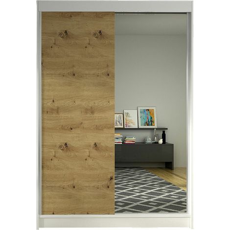 Armoire Closico Salvor I, Blanc + Chêne Artisan, 200x120x58cm, Portes d'armoire: Coulissantes, Nombre d'étagères: 5 (1/4)