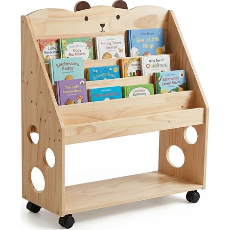 Relaxdays Children's Bookcase with castors & chalkboard, wood, HxWxD 85x70x29.5 cm, 5 compartments, bear, natural (1/5)