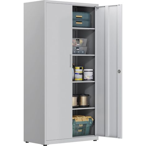 Armoire de Rangement en Métal, Armoire de Garage verrouillable avec 5 Étagères, de Bureau avec étagères Réglables, pour Le Bureau, Le Garage et la Buanderie, Blanc grisâtre (1/5)