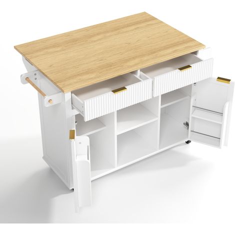 Îlot de cuisine sur roulettes 120 x 45 cm avec plan de travail rabattable, 2 tiroirs, 2 portes et étagères à épices, chariot de rangement blanc (1/5)