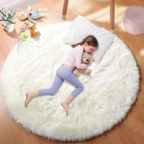 Tapis Rond Chambre 120cm - Anti Slip Doux Moelleux - Blanc blanc blanc (1/4)