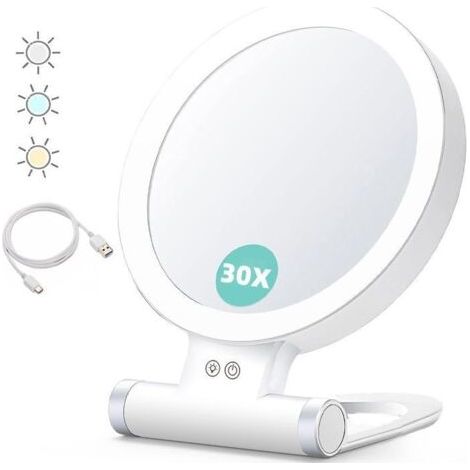(Blanc)Miroir grossissant avec lumière, 30x/1x,Double Face, Miroir de Maquillage Portable, éclairage 3 Couleurs,écran Tactile à intensité (1/4)