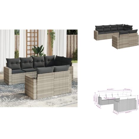 7-tlg. Garten-Sofagarnitur mit Kissen Hellgrau Poly Rattan - Gartensofas - Outdoor Möbel - Lounge Set - Gartenlounge - Rattan Sofa (1/3)