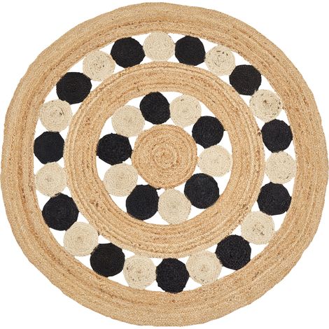Alfombra de yute beige negro 140 cm a mano espiral trenzado Hovit