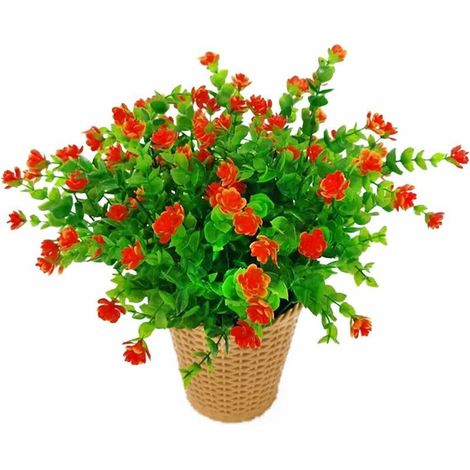 Fleurs d'eucalyptus artificielles vertes Bouquet de plantes artificielles en plastique Fleurs de décoration pour jardin/maison/mariage/fête 4 pièces (rouge coucher de soleil) (1/5)
