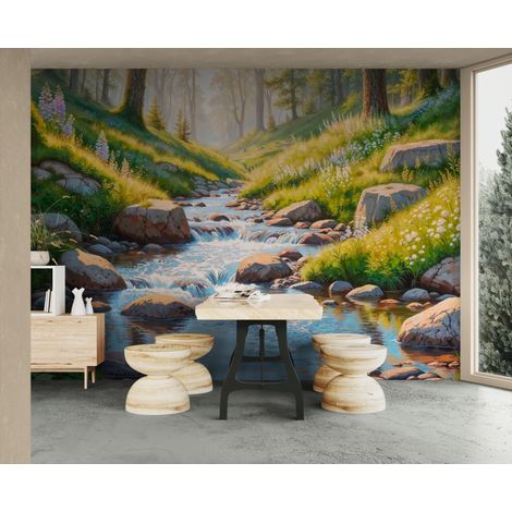 Papier peint forêt – Clairière enchantée et ruisseau fleuri - 150 x 250 cm (1/2)