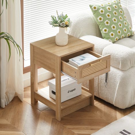 REDOM - Comodino con cassetto, frontale effetto rattan, guide scorrevoli, design versatile, MDF, naturale (1/5)