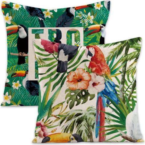 Ensemble de 2 housses de coussin décoratives à motifs floraux tropicaux, palmiers, feuilles et perroquets. Dimensions standard carrées : 45,7 x 45,7 cm (18 x 18 pouces). (1/5)