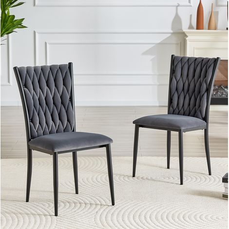 Silla de comedor de terciopelo gris oscuro, respaldo alto capitoné, patas de metal, OKWISH (1/5)