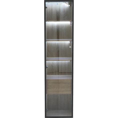 Armario de baño de MDF natural con luz LED, 40 cm, 1 cajón grande y puerta de vidrio (1/5)