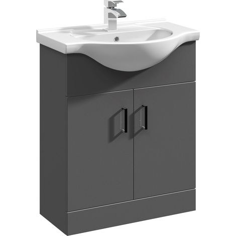 Modern Floor Standing Bathroom 2 Door Vanity and Round Basin Unit - 650mm, Satin Dark Grey, Soft Close Doors