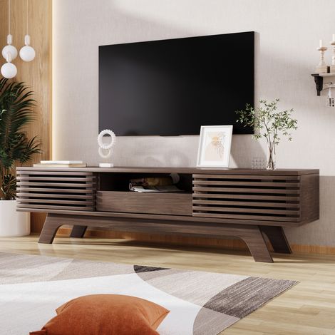 Meuble TV 150 cm Marron Noyer avec Portes à Lattes Ajourées Vintage, 1 Tiroir, Niches Ouvertes et Passe-Câbles, Meuble TV Bas de Salon Style Rétro Mid-Century (1/5)