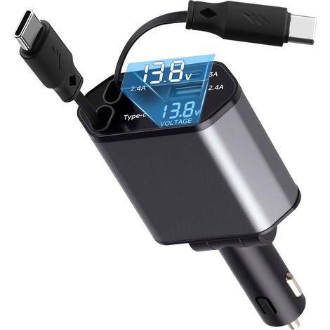 4 en1 Chargeur Allume Cigare Voiture USB C, 120W Rétractable Charge Rapide avec 2 Câbles Rétractables & Port USB-C/A, Prise Allume Cigare Telephone Voiture pour iPhone Android, Indicateur de Tension (1/5)