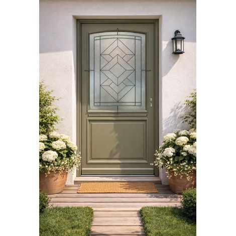 Porte D'entrée Bois Vitrée Elsie, Vert Gris Olive, H215 X L90 Cm Côte Tableau P.gauche (poignée, Barillet Ref N158rpl -in158rci) Gd Menuiseries