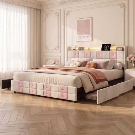 Lit double 140x190 cm avec 4 tiroirs, Tête de Lit Capitonnée Velours, ports USB et éclairage LED, Sommier à lattes en bois – Blanc et Rose (1/5)