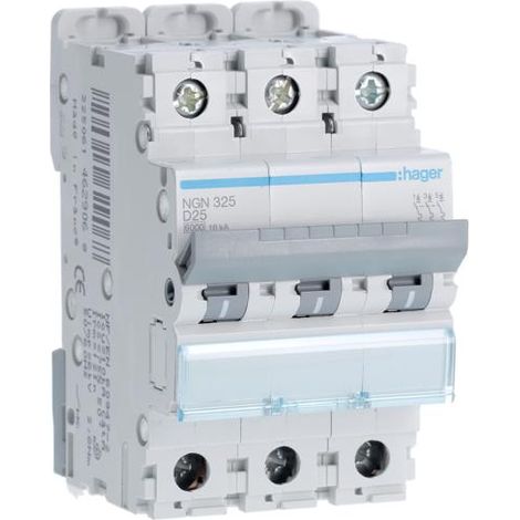 Disjoncteur 3 Pôles 6-10kA courbe D 25A 3 modules HAGER NGN325 (1/4)