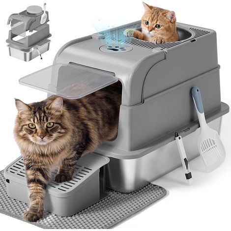 Bac à Litière pour Chat en Acier Inoxydable avec Couvercle, Caisse Litière Fermée, 2 Entrées, Pelle et Brosse, pour Chats Jusqu’à 15 kg, Gris Tourterelle PPT021G201 (1/5)