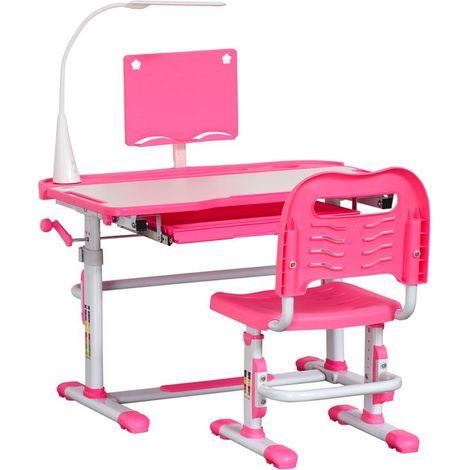 SET SCRIVANIA PER BAMBINI 6-12 ANNI CON SEDIA REGOLABILE IN ALTEZZA. CASSETTO. LUCE E PIANO INCLINABILE. ROSA (1/5)