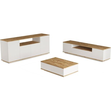 Ensemble meuble Tv, buffet et table basse Dani Bois clair et Blanc (1/5)