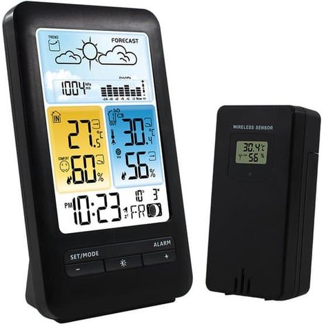 Station météo sans fil - prévisions météo avec icônes, capteur extérieur, graphique barométrique, phase lunaire, valeurs minimales/maximales, noire (1/4)