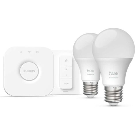 Philips Hue Pack 2 bombillas LED inteligentes STARTER KIT ESSENTIAL A60 E27 806Lm 3W, White & Color+Hue Bridge+Dimmer switch (1/4)