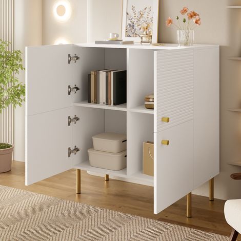 Buffet en MDF blanc 80 x 36 x 90 cm avec portes rainurées verticales, poignées en alliage de zinc et pieds en acier (1/5)