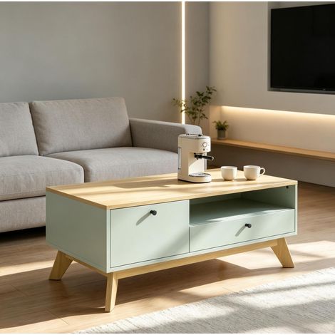 Mesa rectangular de MDF verde claro con cajón, puerta y compartimento abierto (1/5)