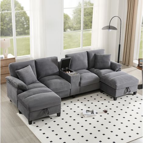 Sofá modular en U 293x142x93 cm gris de pana con almacenaje, USB, portavasos y cojines (1/5)