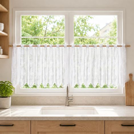 Rideaux brise-bise pour cuisine à motif de papillons, rideaux semi-transparents avec bordure en dentelle, rideau de bistrot, rideau de fenêtre, rideaux brise-bise courts, blanc avec œillets (1/5)