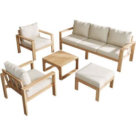Salotto da Giardino con 1 Divano a 3 Posti, 2 Poltrone, 1 Poggiapiedi e 1 Tavolino, Legno di Acacia e Poliestere, Crema (1/4)