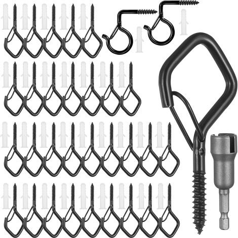 32 Pcs Crochet à Visser Noir, avec Boucle de Sécurité (2 Modèles) Crochets Muraux à Visser, pour les lumières d'extérieur, les plantes, les cintres, les cloisons à vent, les pots de fleurs (1/5)