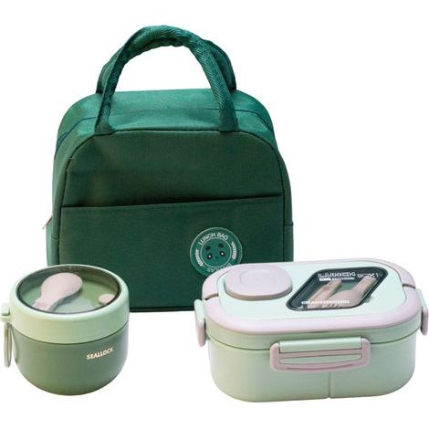 Boîte à lunch avec séparateurs - 1200 ml, verte [Boîte à lunch + tasse + sac] (1/5)