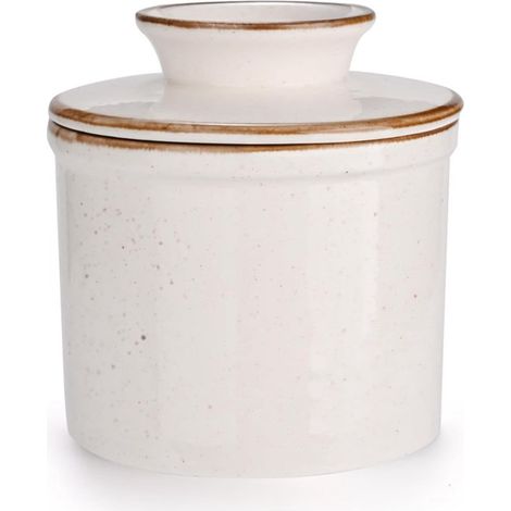Beurrier français avec couvercle - Beurrier - Pot à beurre en céramique émaillée - 10 x 10 x 7,8 cm - Blanc (1/5)