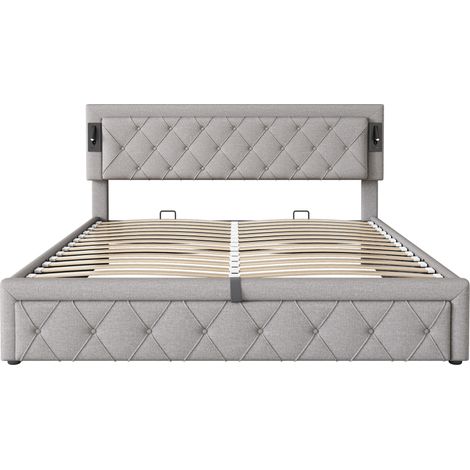 Polsterbett mit Stauraum 180 x 200 cm aus grauem Leinen, mit LED, USB und Lattenrost (1/5)