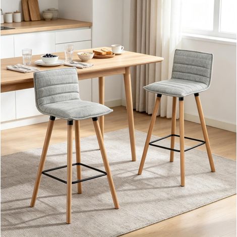 Lot de 2 tabourets de bar gris clair rembourrés avec dossier, bois de hêtre et repose-pieds OKWISH (1/5)
