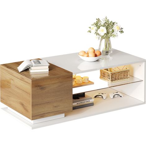 CHICFURN Tavolino da caffè LED 105x50x36 cm bianco e legno con vano e vetro (1/5)