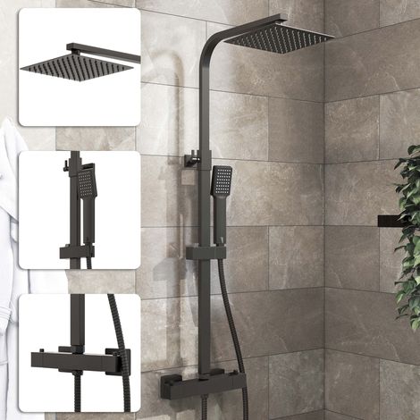 Acezanble 20cm Square Matte Black Bathroom Thermostatic Mixer Shower Set With Shower Head
