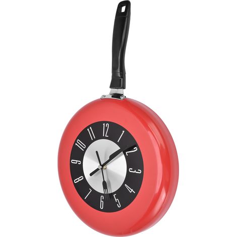 Horloge murale en métal design scandinave pour cuisine, style poêle à frire, horloge de restaurant moderne, couleur rouge (sans piles) (1/5)
