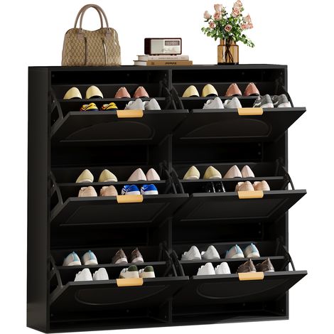 Moderner Schuhschrank mit 6 Klappenfächern und offenen Ablagen, freistehendes Schuhregal für Eingangsbereich oder Flur, Schwarz, B118 x H115 x T25 cm
